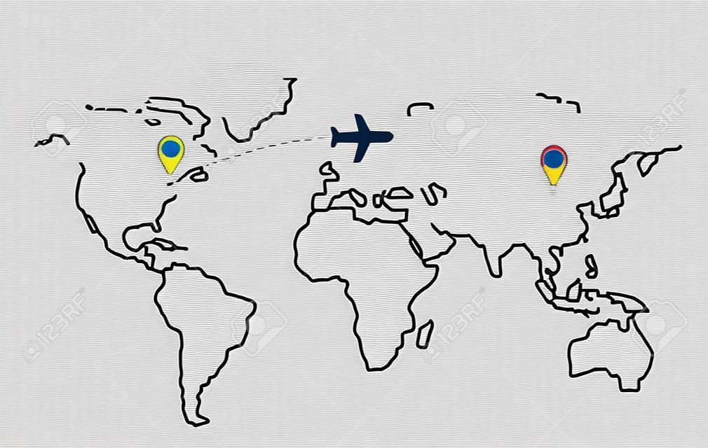 Ścieżka linii samolotu. trasa lotu samolotu z punktem początkowym i śladem linii kreskowej. ikona samolotu na mapie świata. ilustracja koncepcja wektorowa.