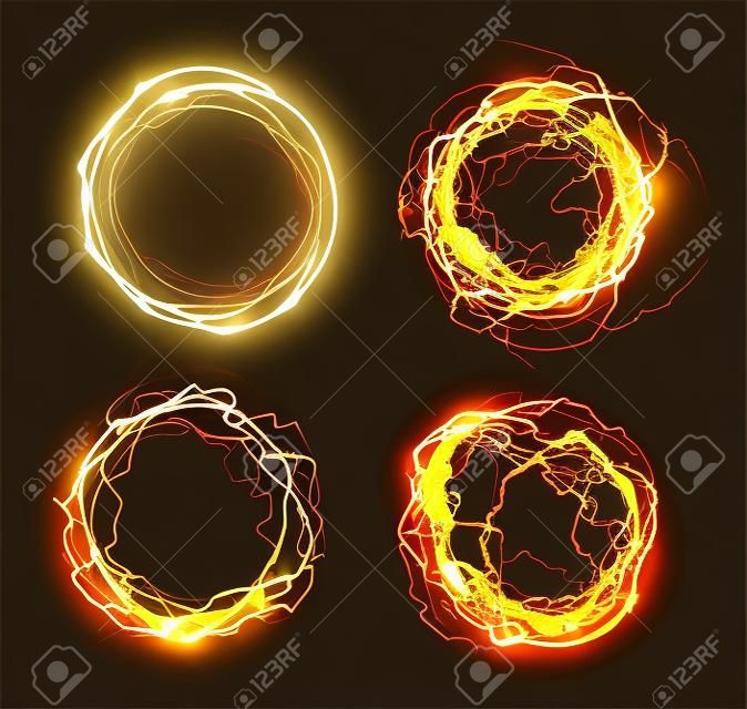Anneaux magiques, cercles électriques abstraits, cadres ronds dorés, éclairs circulaires lumineux