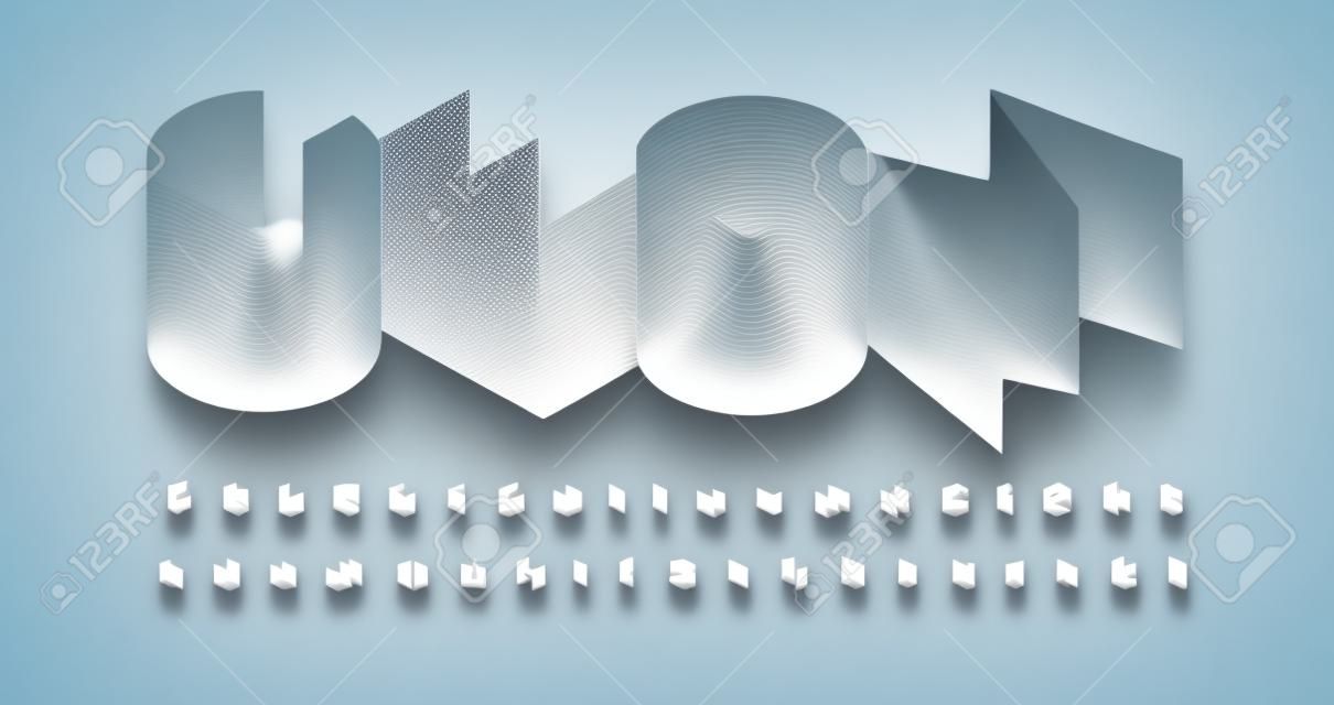Alfabeto de futurismo 3D. Fonte geométrica de linha fina, tipo minimalista para logotipo futurista moderno, título, monograma, letras criativas e tipografia maxi. Letras web mínimas, design tipográfico vetorial