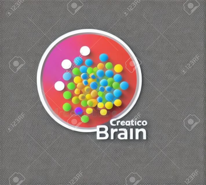Modelo de logotipo de vetor de cérebro criativo em estilo de pontos coloridos. Imaginação criativa, inspiração ícone abstrato no fundo branco. Ilustração vetorial de hemisférios cerebrais esquerdo e direito para a arte da criatividade