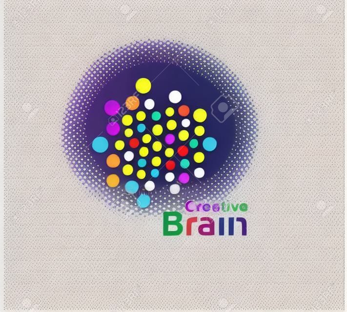 Modèle de logo vectoriel Creative Brain dans le style de points colorés. Imagination créative, icône abstraite d'inspiration sur fond blanc. Illustration vectorielle des hémisphères cérébraux gauche et droit pour l'art de la créativité
