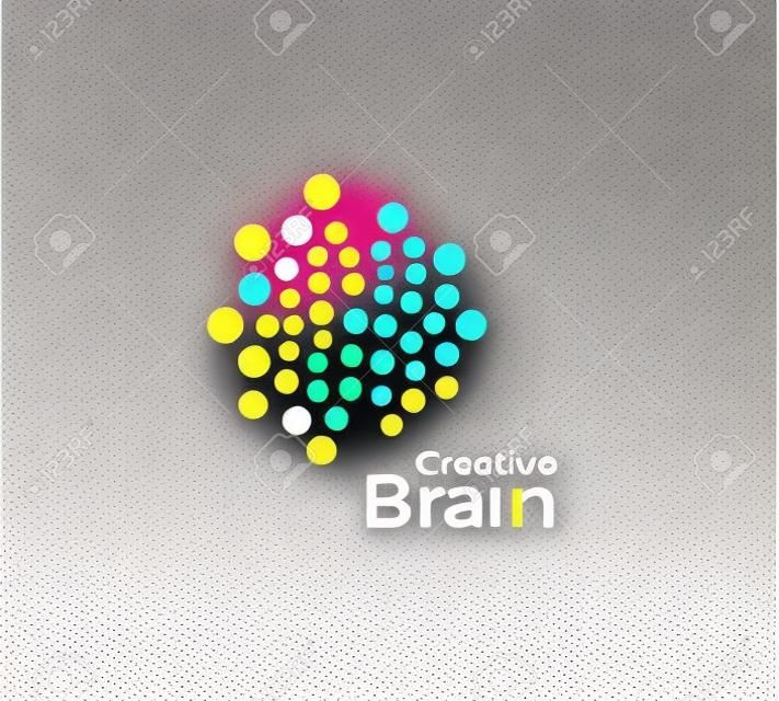 Modello di logo vettoriale cervello creativo in stile punti colorati. Immaginazione creativa, ispirazione icona astratta su sfondo bianco. Illustrazione vettoriale degli emisferi del cervello sinistro e destro per l'arte della creatività