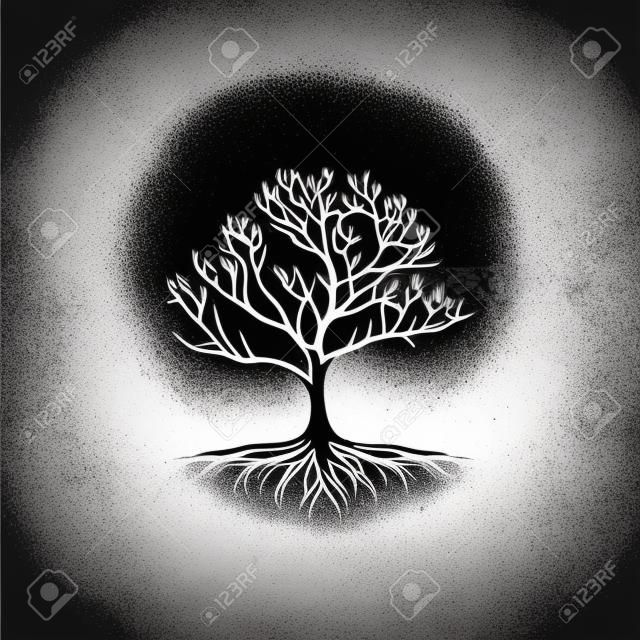 Icône blanche de la silhouette des racines des arbres sur fond noir symbole sage signe d'éducation boho logo concept t-shirts imprimer modèle de tatouage illustration vectorielle