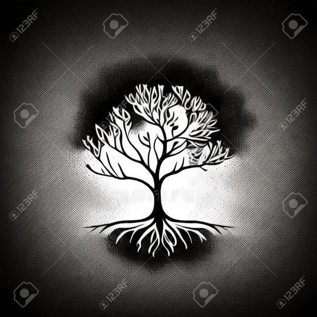 Icône blanche de la silhouette des racines des arbres sur fond noir symbole sage signe d'éducation boho logo concept t-shirts imprimer modèle de tatouage illustration vectorielle