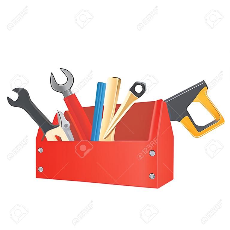 Cartoon roter Werkzeugkasten mit Säge, Schere, Hämmer, Schraubendreher, Schraubenschlüssel ... . Vektor-Illustration