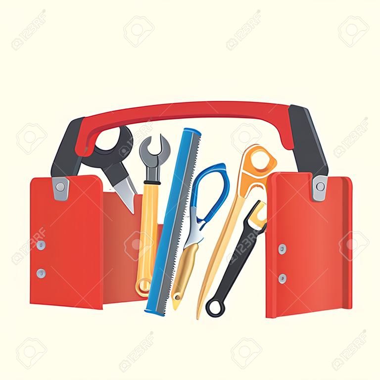 Cartoon roter Werkzeugkasten mit Säge, Schere, Hämmer, Schraubendreher, Schraubenschlüssel ... . Vektor-Illustration