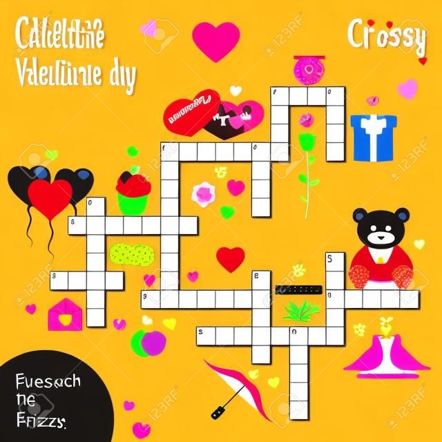 Easy crossword puzzle 'Valentine's day', for children in elementary and middle school. Fun way to practice language comprehension and expand vocabulary.Includes answers. Vector illustration.