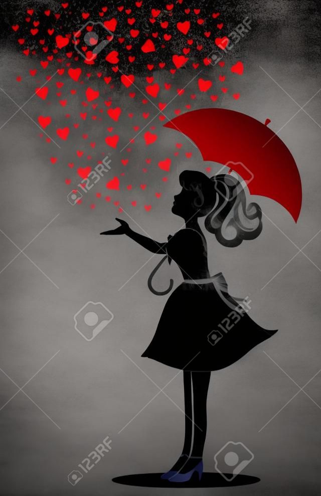 Silhouette d'une jeune fille sous une pluie de coeurs