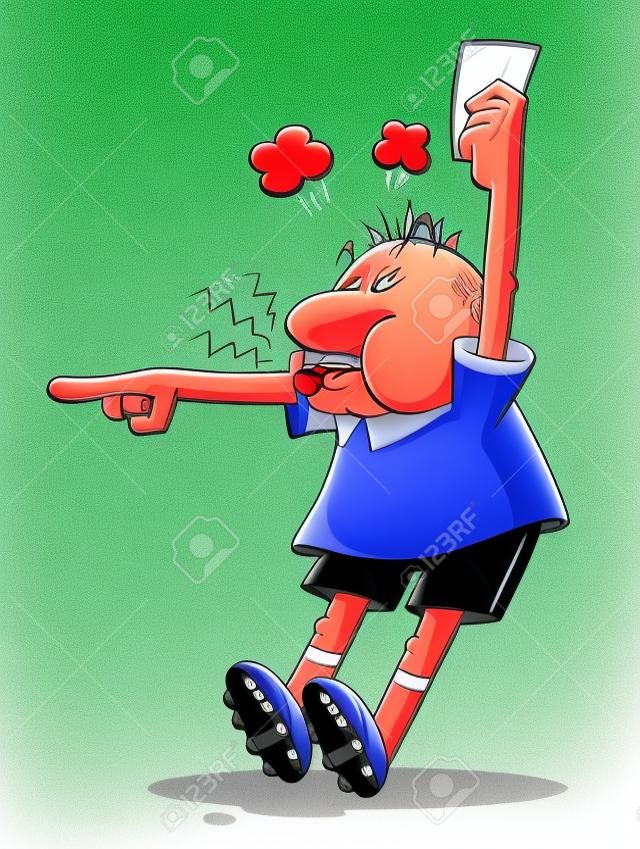 Cartoon soccer referee pointing and holding a red card