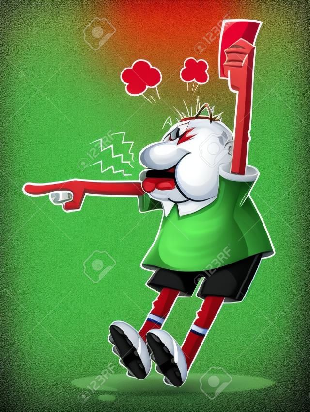 Árbitro de fútbol de dibujos animados que señala y sostiene una tarjeta roja