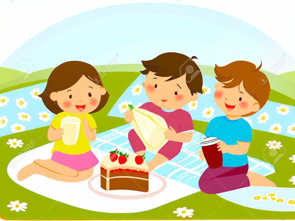 three cute kids having a picnic
