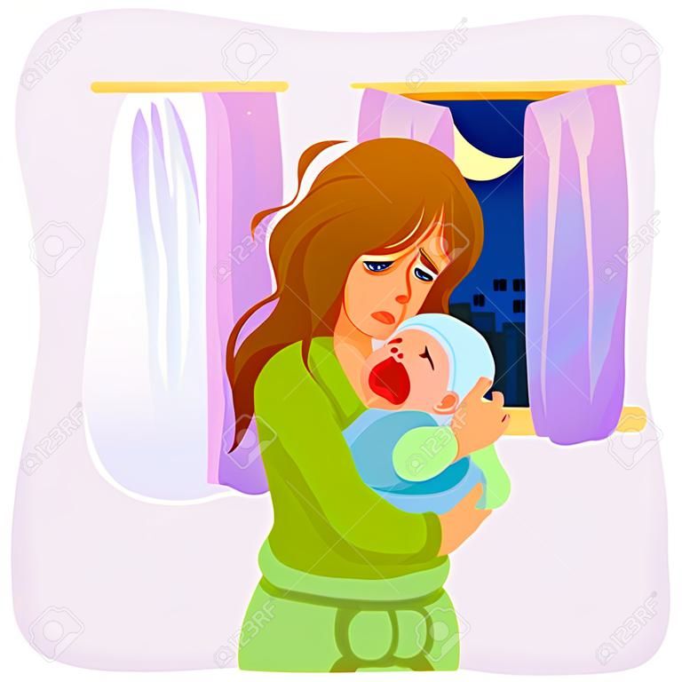 tired mother carrying a crying baby at night