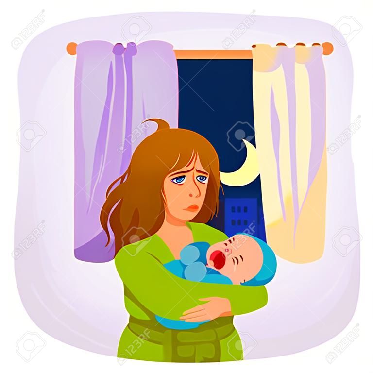 tired mother carrying a crying baby at night
