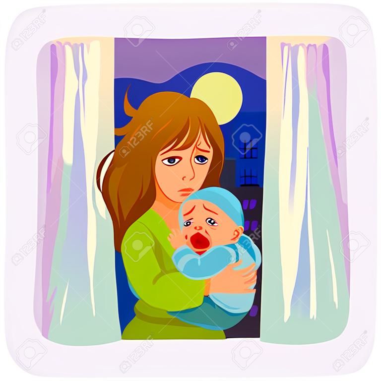 madre cansada con un bebé llorando en la noche