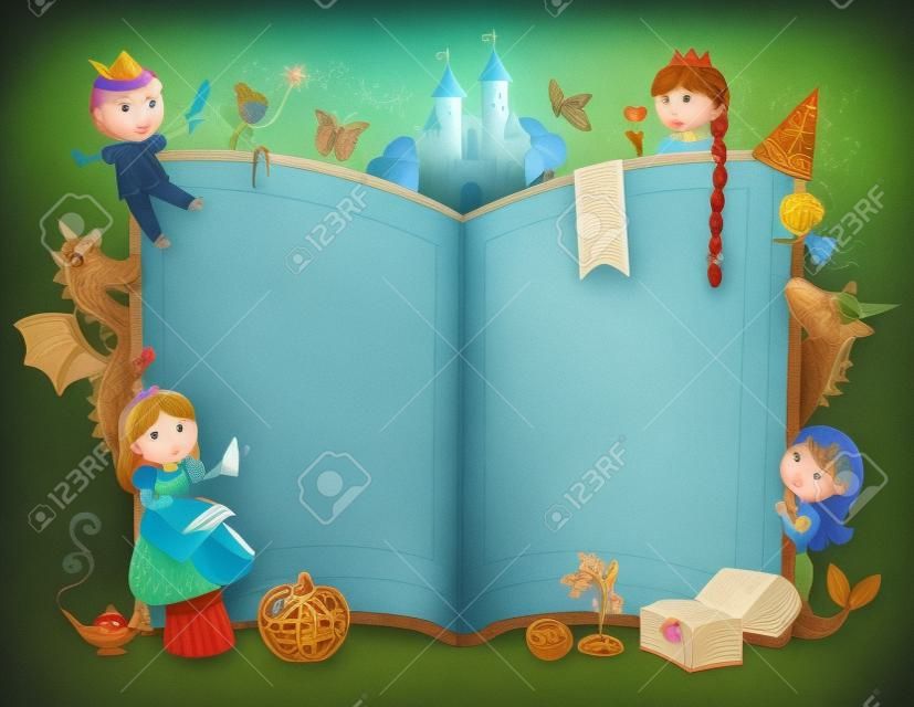 Personagens de contos de fadas em torno de um livro aberto