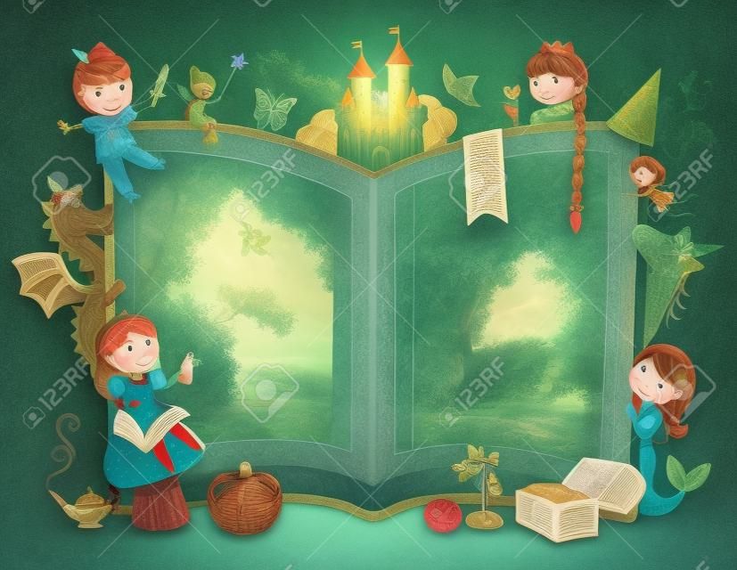 karakters van sprookjes rond een open boek
