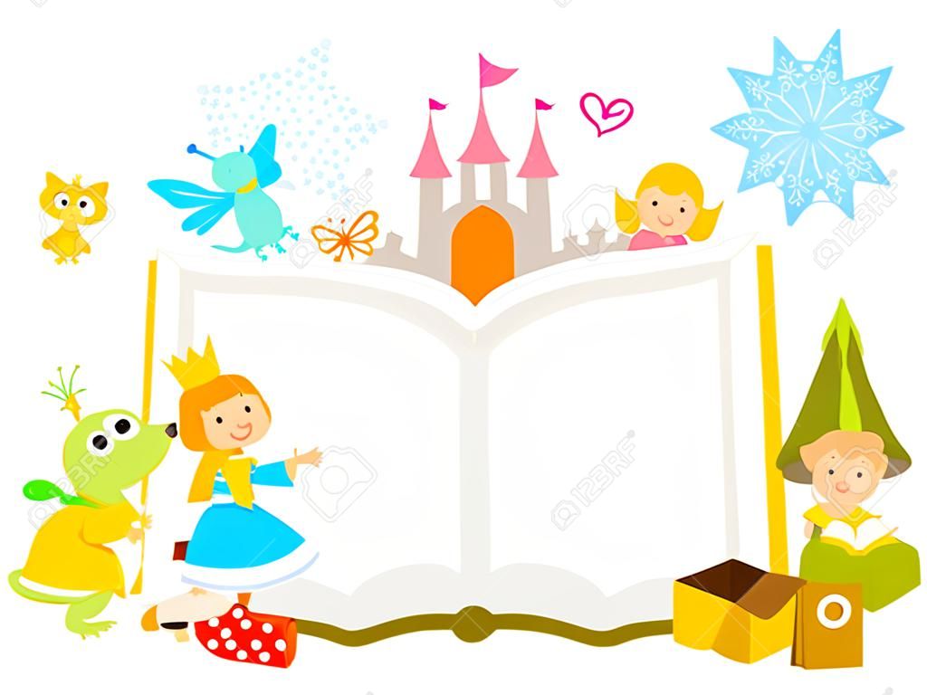 personnages de contes de fées autour d'un livre ouvert