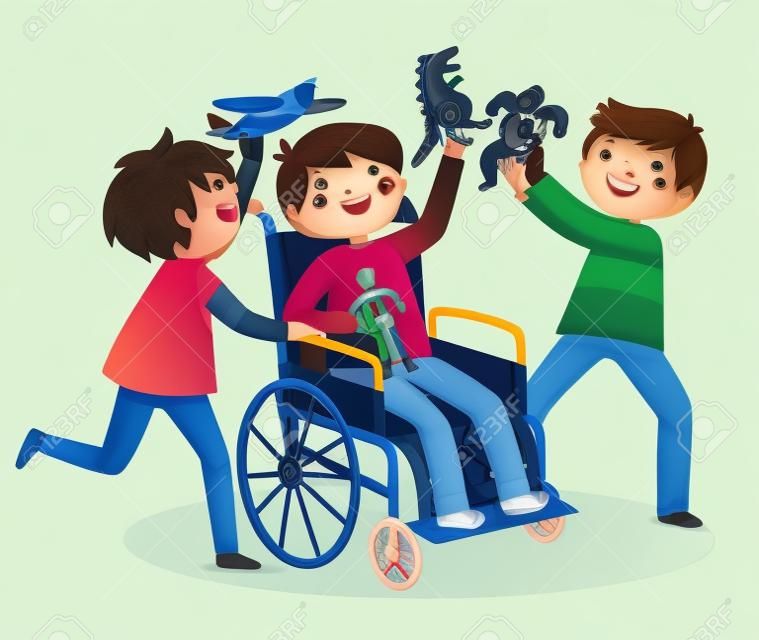 彼の友達と遊んで車椅子の少年