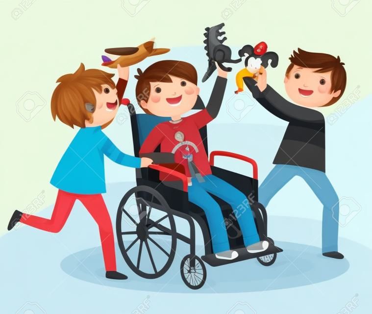 坐轮椅的男孩和朋友们玩
