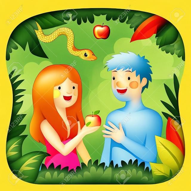 Desenhos animados feliz Adão e Eva com uma maçã e a cobra