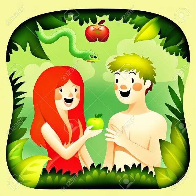 Desenhos animados feliz Adão e Eva com uma maçã e a cobra