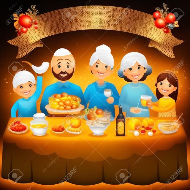 Família feliz celebrando Rosh Hashaná ou o Ano Novo Judaico em um jantar tradicional com os símbolos do feriado.