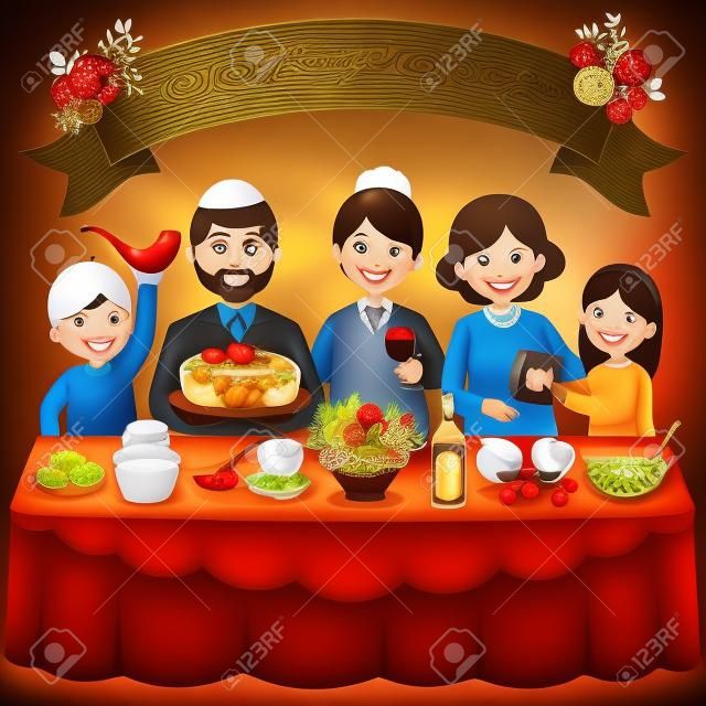 Família feliz celebrando Rosh Hashaná ou o Ano Novo Judaico em um jantar tradicional com os símbolos do feriado.