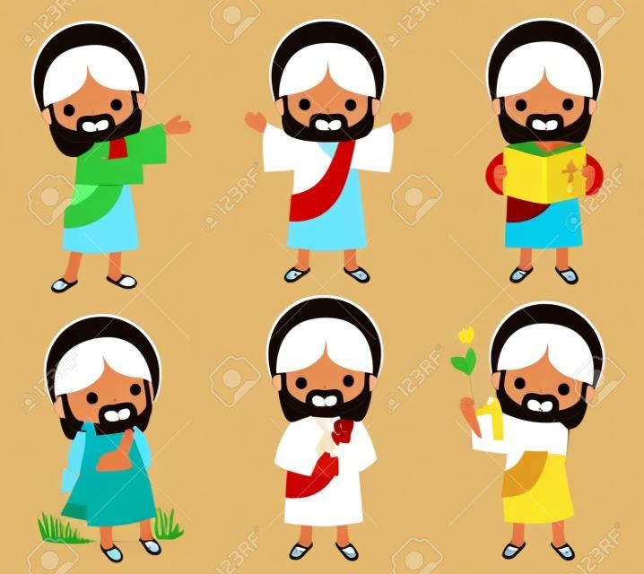 Set di clipart di Gesù Cristo. Una raccolta di simpatici cartoni animati di Gesù sorridente su sfondo bianco.