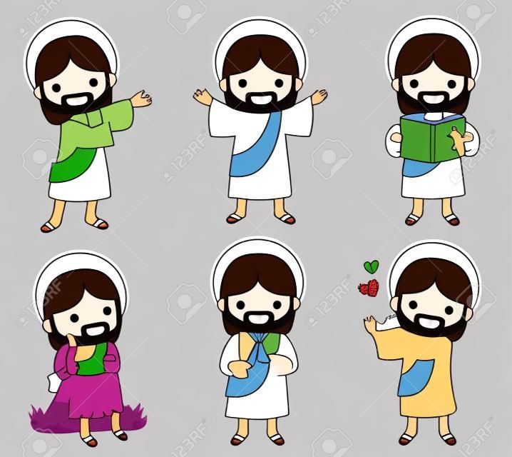 Ensemble de cliparts de Jésus-Christ. Une collection de dessins animés mignons de Jésus souriant sur fond blanc.