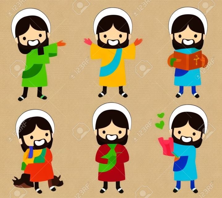Jesus Christ clipart set. A collection of cute smiling Jesus cartoons over white background.