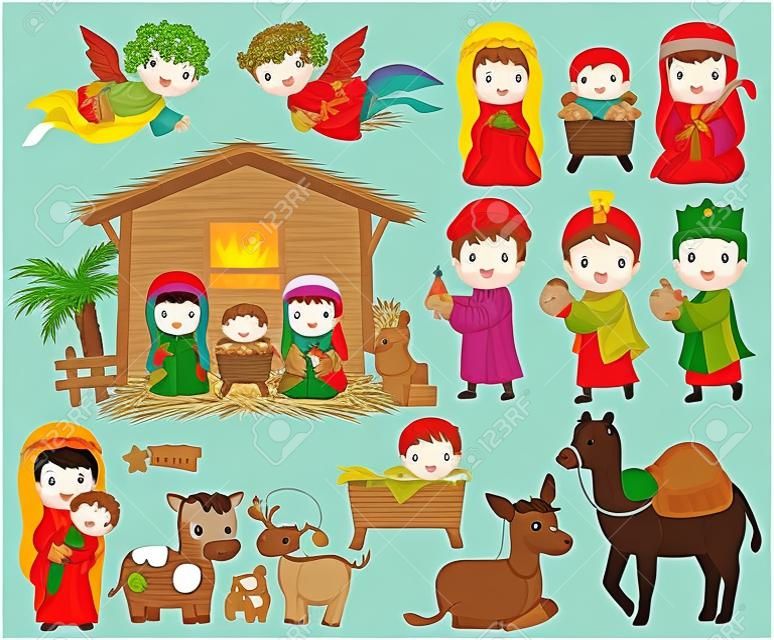 Nativity scene clipart set with cartoon baby Jesus, Mary, Joseph and the three wise men in Bethlehem.