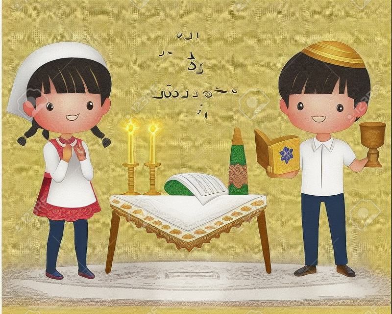 Żydowskie dzieci robiące ceremonię szabatową. tekst hebrajski mówi szabat szalom, czyli szabat pokoju.