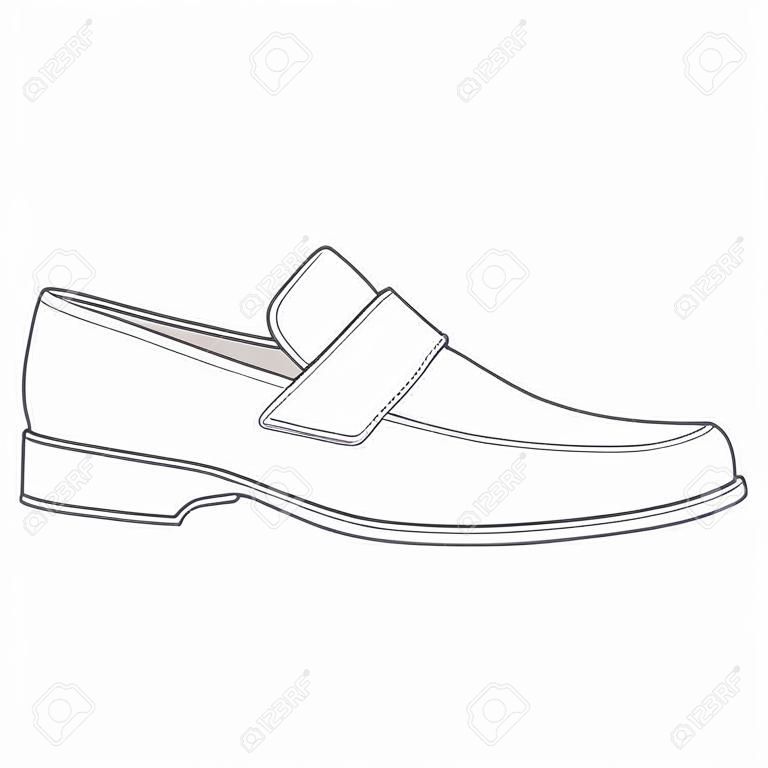 Men shoes isolated. Classic loafers. Male man season shoes icons. Technical drawing footwear vector illustration