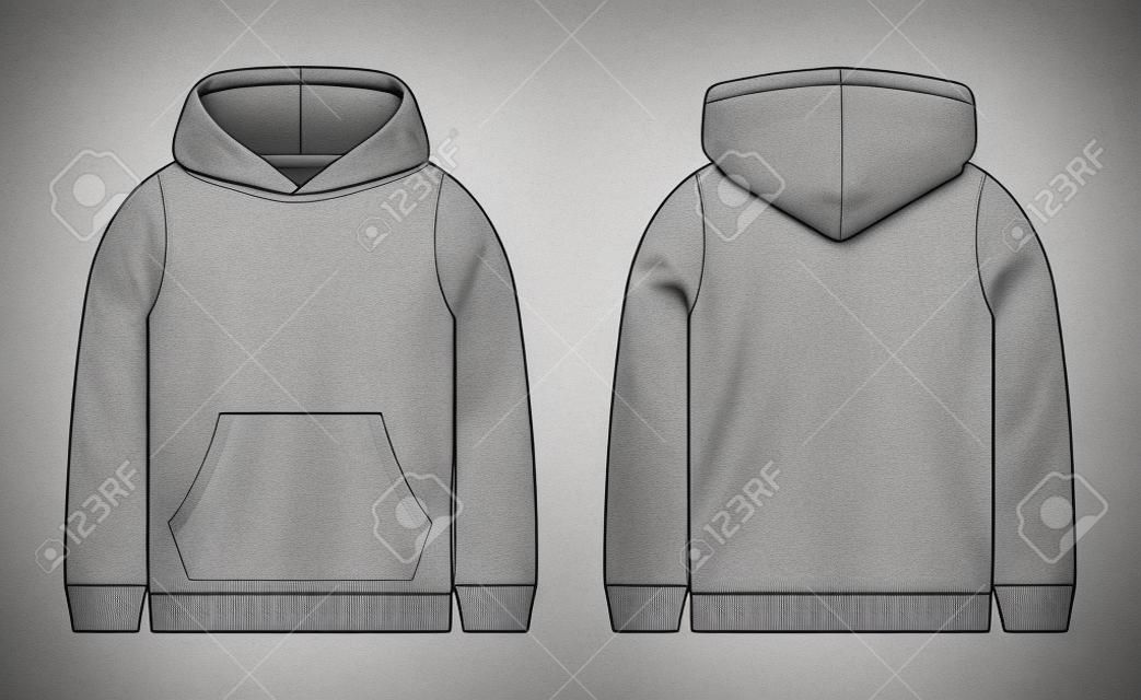 Technical sketch for men grey hoodie. Mockup template hoody. Front and back view. Technical drawing kids clothes. Sportswear, casual urban style. Isolated object of fashion stylish wear