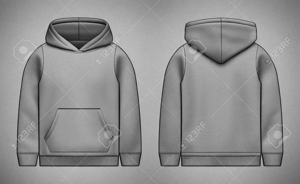 Technical sketch for men grey hoodie. Mockup template hoody. Front and back view. Technical drawing kids clothes. Sportswear, casual urban style. Isolated object of fashion stylish wear