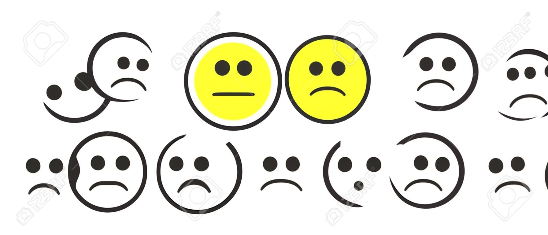 Rating satisfaction. Feedback in form of monochrome and colorful emotions, smileys, emojis. Excellent, good, normal, bad, awful, silent. Vector