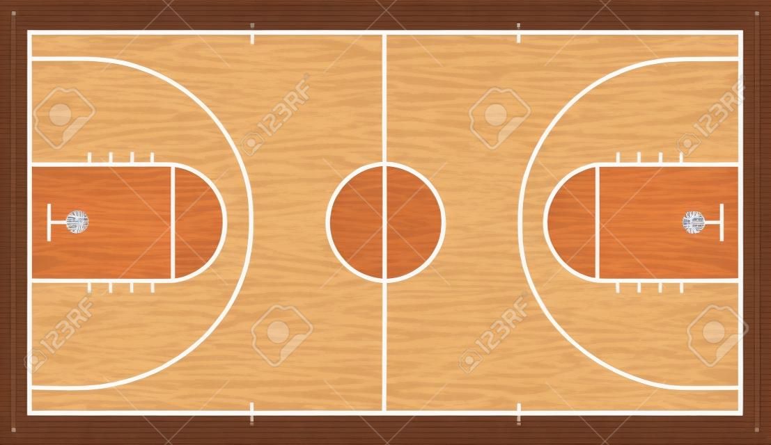 Quadra de basquete com piso de madeira. Vista de cima. Vetor