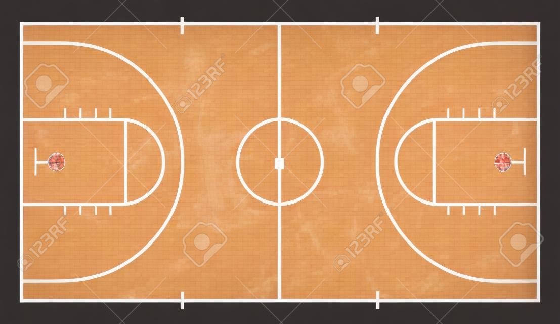 Баскетбольная площадка с деревянным полом. Вид сверху. Вектор