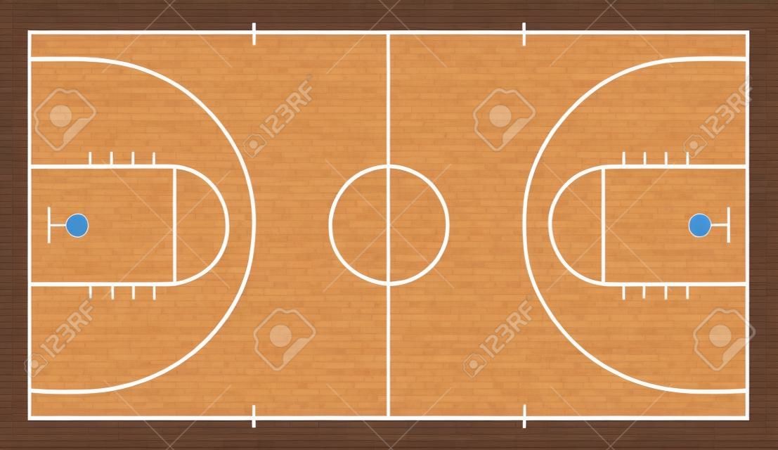 Quadra de basquete com piso de madeira. Vista de cima. Vetor
