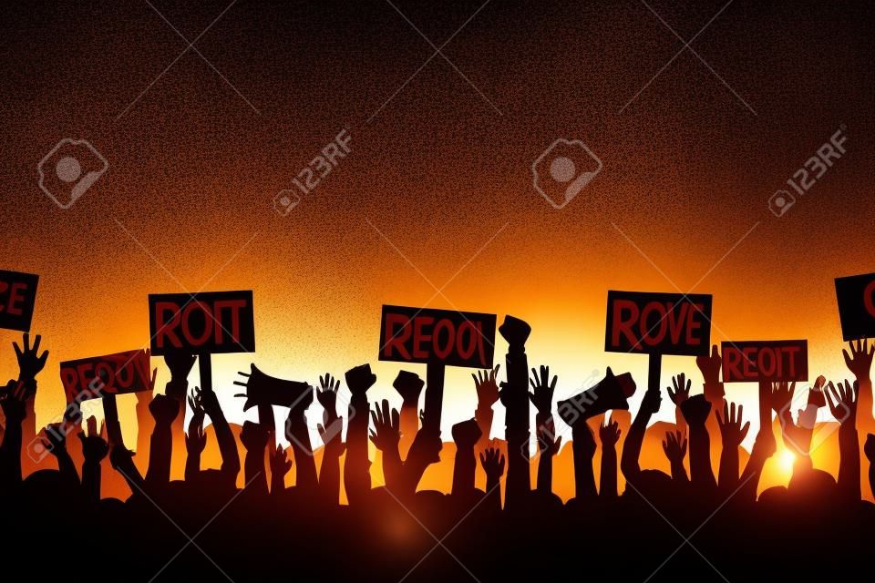 Het publiek van demonstranten mensen. Silhouetten van mensen met spandoeken en megafoons. Concept van revolutie of protest.