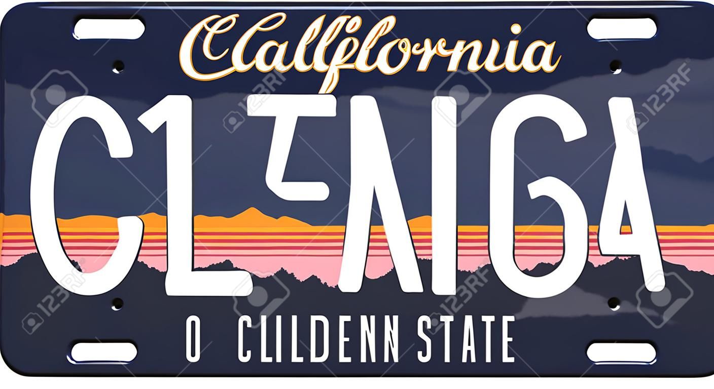 Placa de licença isolada no fundo branco. Placa de Califórnia com números e letras. Distintivo para gráfico de t-shirt.