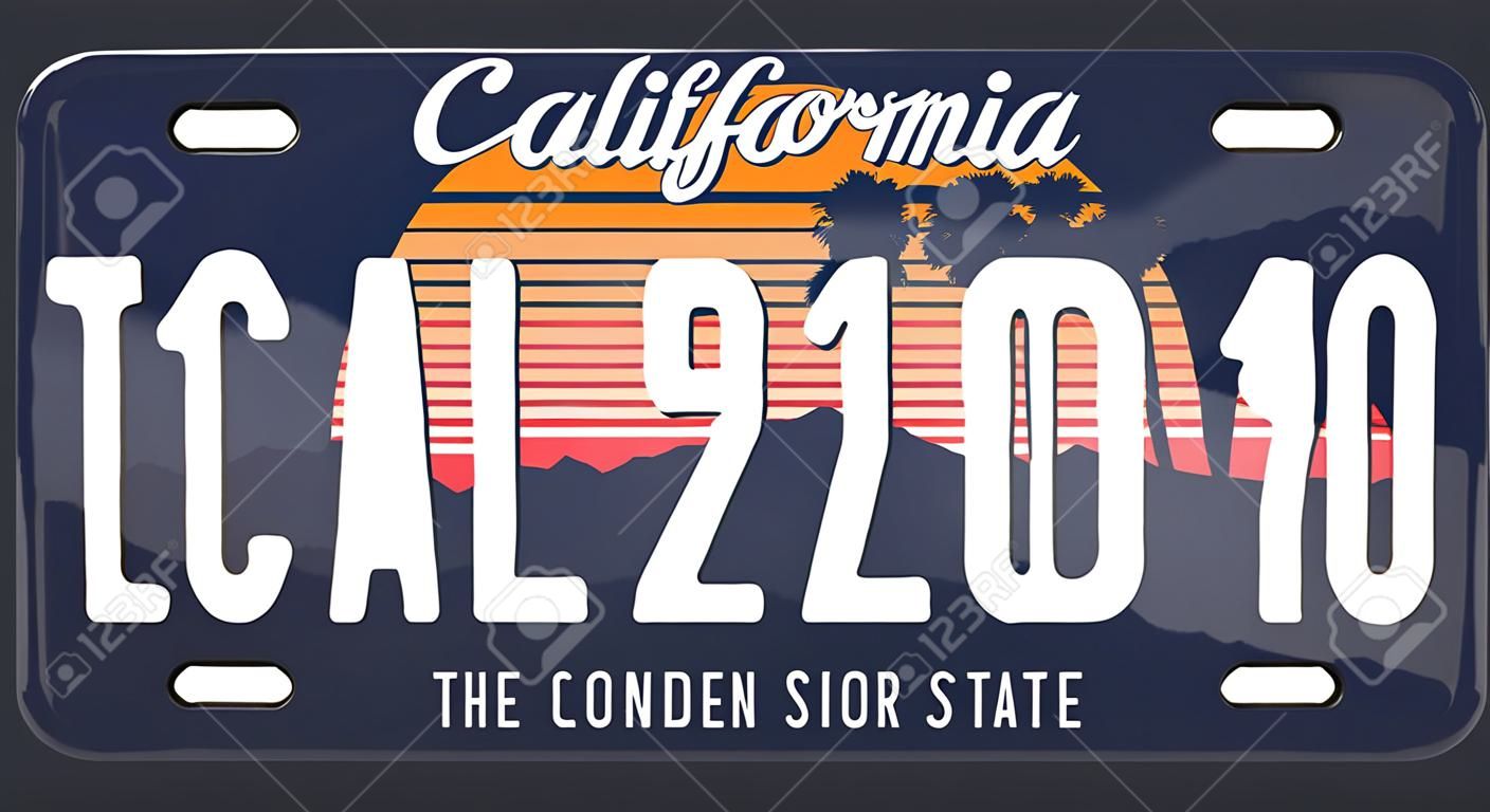 Placa de licença isolada no fundo branco. Placa de Califórnia com números e letras. Distintivo para gráfico de t-shirt.