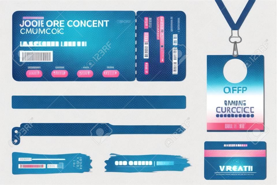 Concert ticket, bracelets, lanyards, identification card for access control to event. Festival wristband, web banners for event advertising. Vector