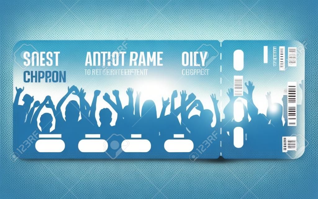 Concert ticket template. Concert, party or festival ticket design template with people crowd on background. Entrance to the event. Vector