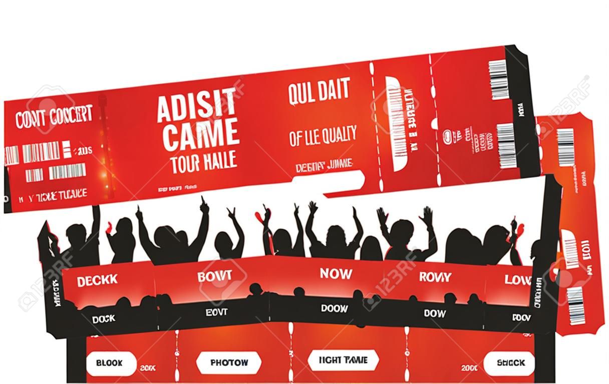 Concert ticket template. Concert, party or festival ticket design template with people crowd on background. Entrance to the event. Vector