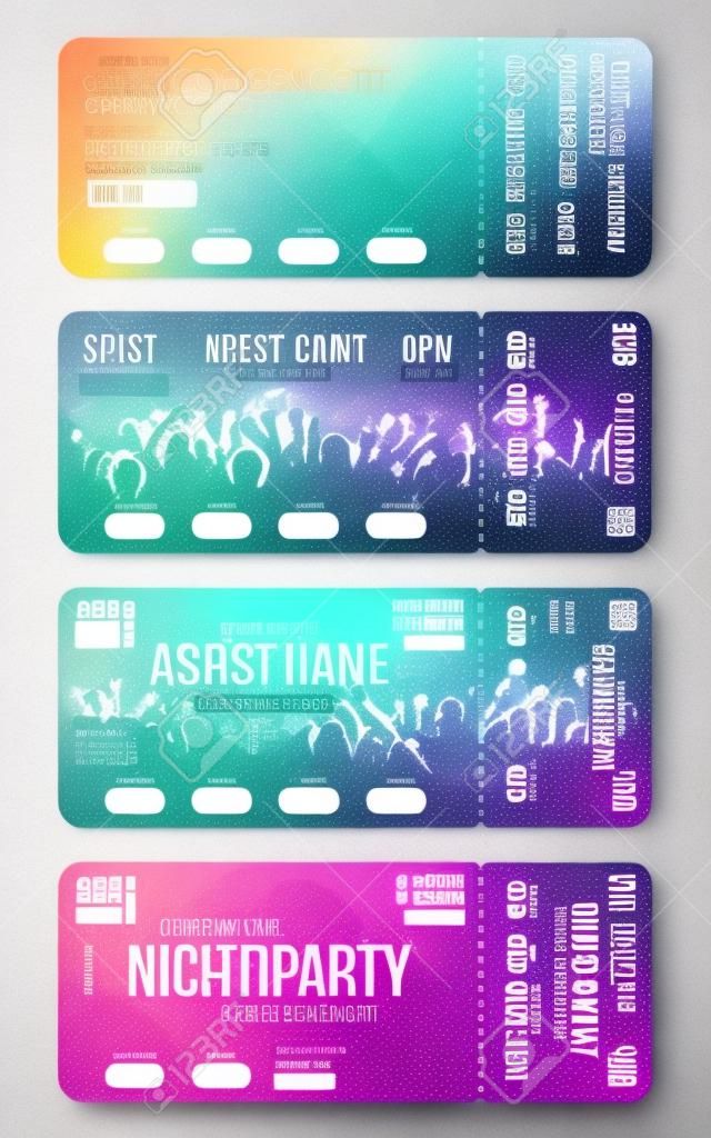 Set of concert ticket templates. Concert, party or festival ticket design template with people crowd on background.