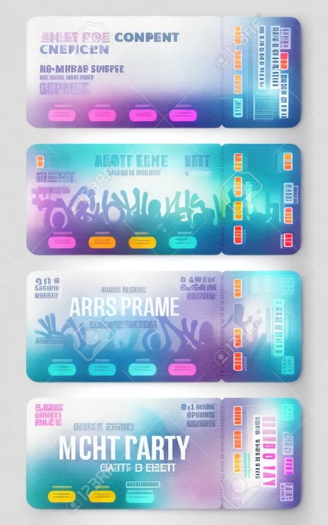 Set of concert ticket templates. Concert, party or festival ticket design template with people crowd on background.