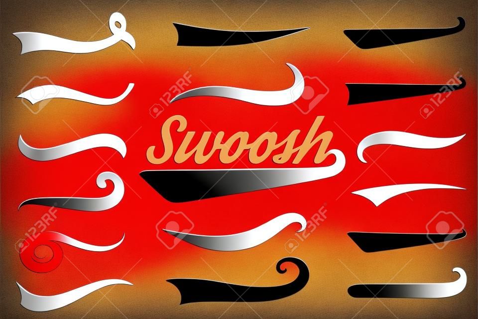 Typografische Swash- und Swoosh-Schwänze. Retro-Swishes und Swashes für sportliche Typografie, Logos, Baseball-Schrift. Unterstrichene Textenden. Vektor