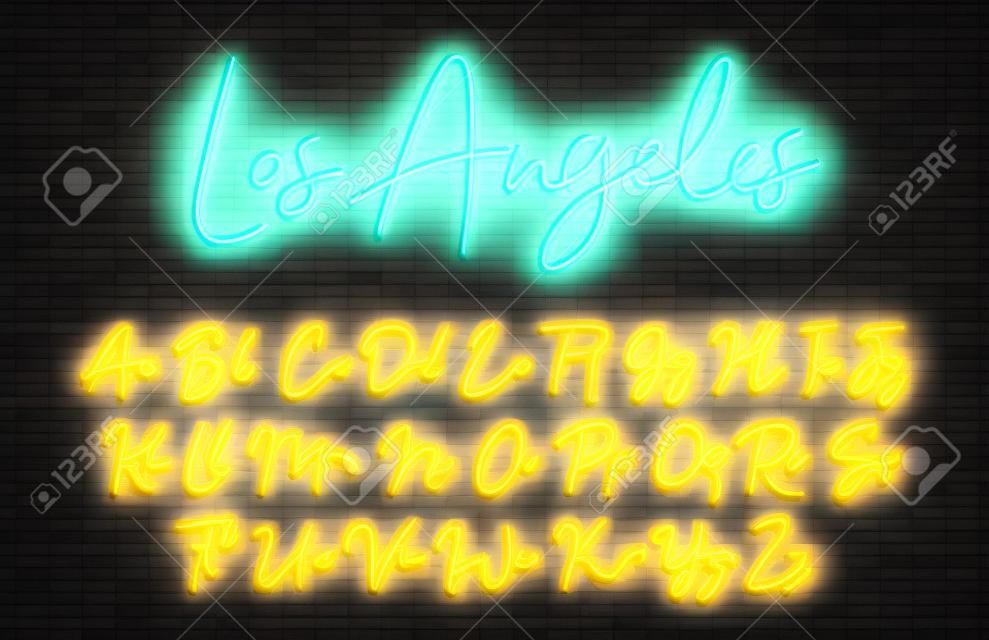 Glowing neon script alfabet. Neon lettertype met hoofdletters en kleine letters. Handgeschreven engels alfabet met neon licht effect