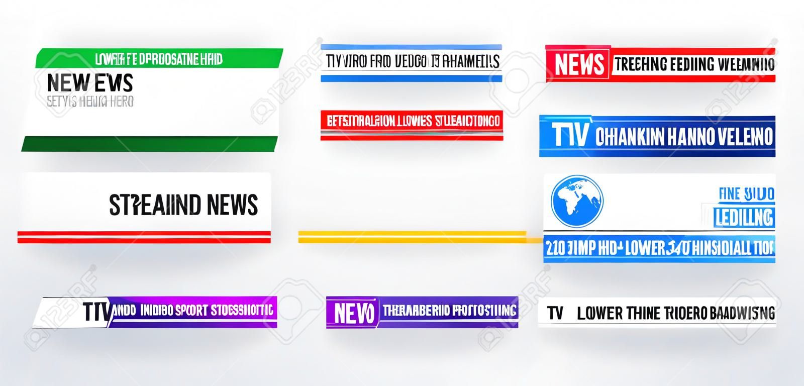 하단 세 번째 템플릿. 뉴스 및 스포츠 채널, 스트리밍 및 방송을 위한 TV 배너 및 바 세트. 투명한 배경에서 비디오 편집을 위한 하위 1/3의 컬렉션입니다. 벡터